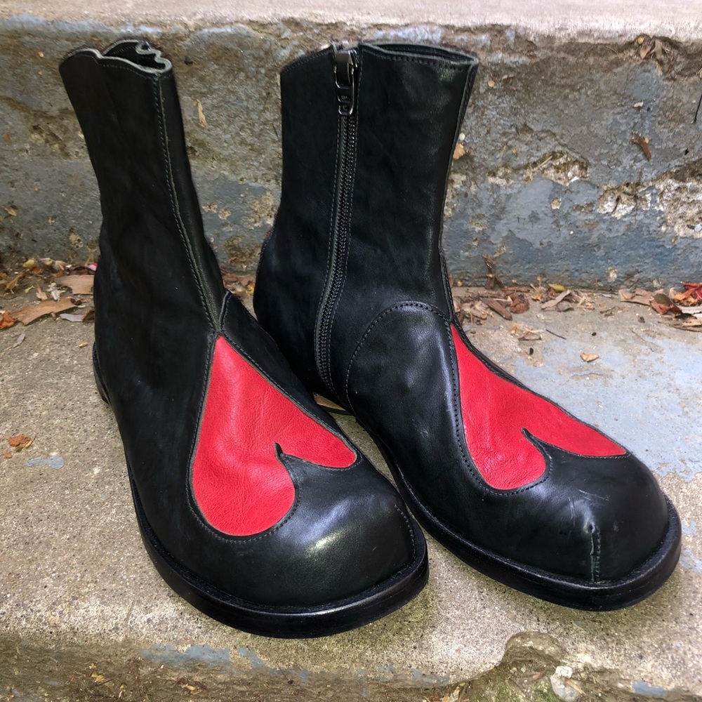 Black Leather Ankle Boots with Red Accent - Women's Booties